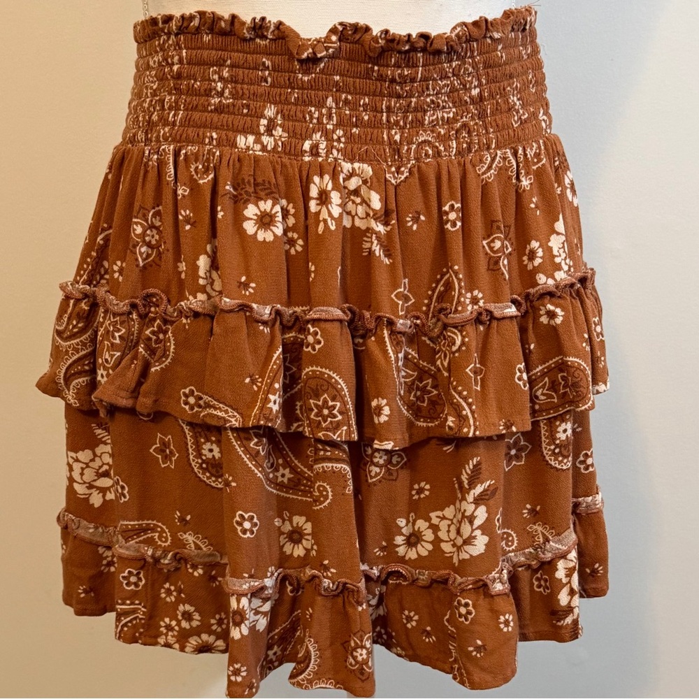 Aerie Brown Floral Paisley Tiered Ruffle Mini Skirt Size M - Picture 3 of 8